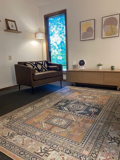 therapy office decor boho therapy chair with side table and rug